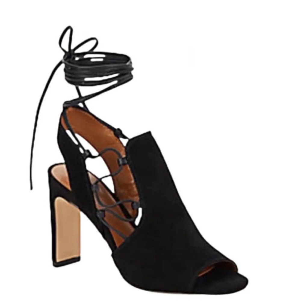 NEW Black Suede Peep-Toe Halston Heels with Ankle Strap Ties Size 8